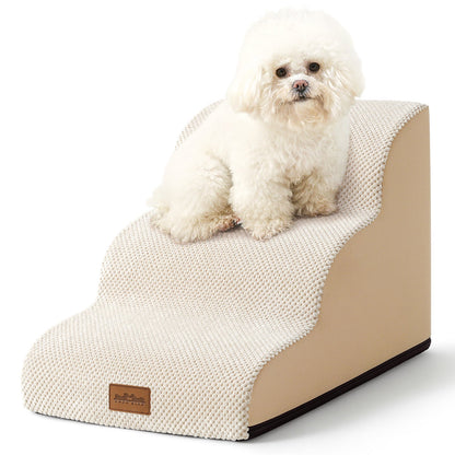 Small white dog sitting on a beige 3-Step pet stairs with a textured surface.#Color_Beige