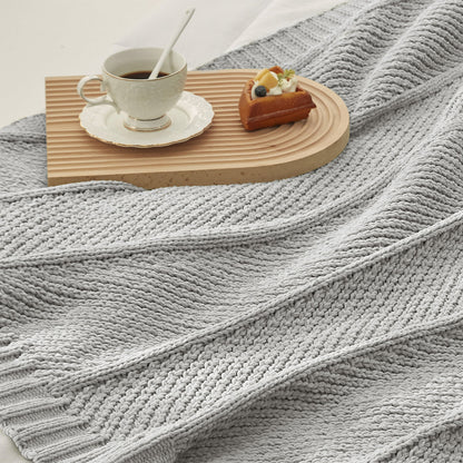 Chevron Chenille Knit Throw Blanket in Light Grey close-up view, showcasing soft chenille yarn and modern knit texture. #color_Light Grey