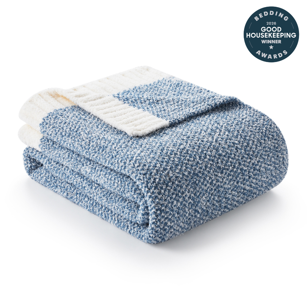 Heather Feather Yarn Throw Blanket in Pale Blue front view, neatly folded to showcase its soft texture. #color_Pale Blue