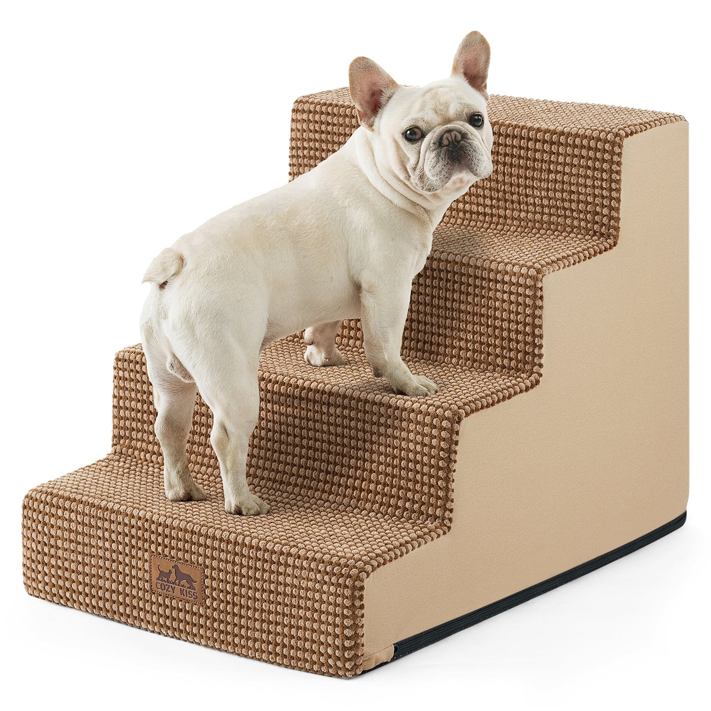 Cozy Bliss 4 Step Right-Angle Arthritis Prevention Foam Pet Stairs in light brown with a dog stepping on it. #color_Light Brown