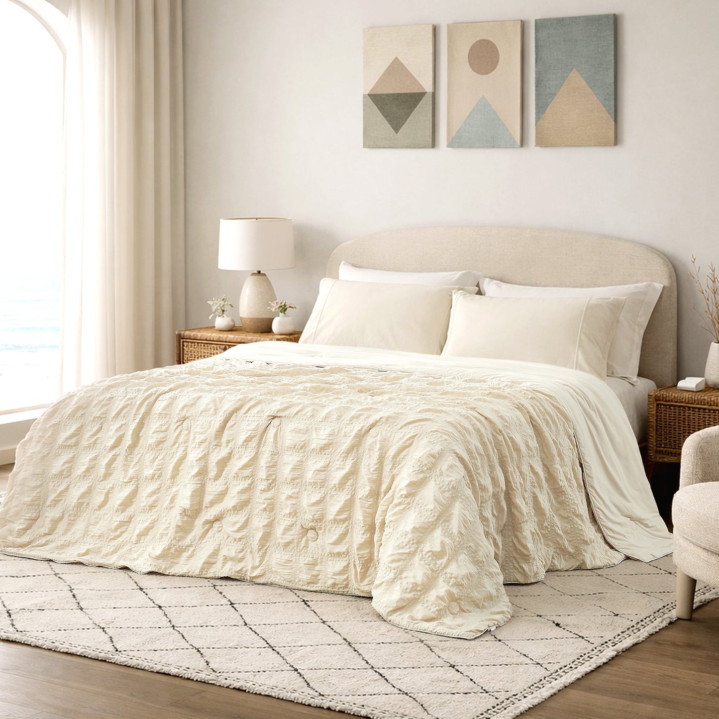 Cozy Bliss khaki seersucker cooling comforter in bright modern bedroom, breathable lightweight bedding with textured fabric.#color_Beige