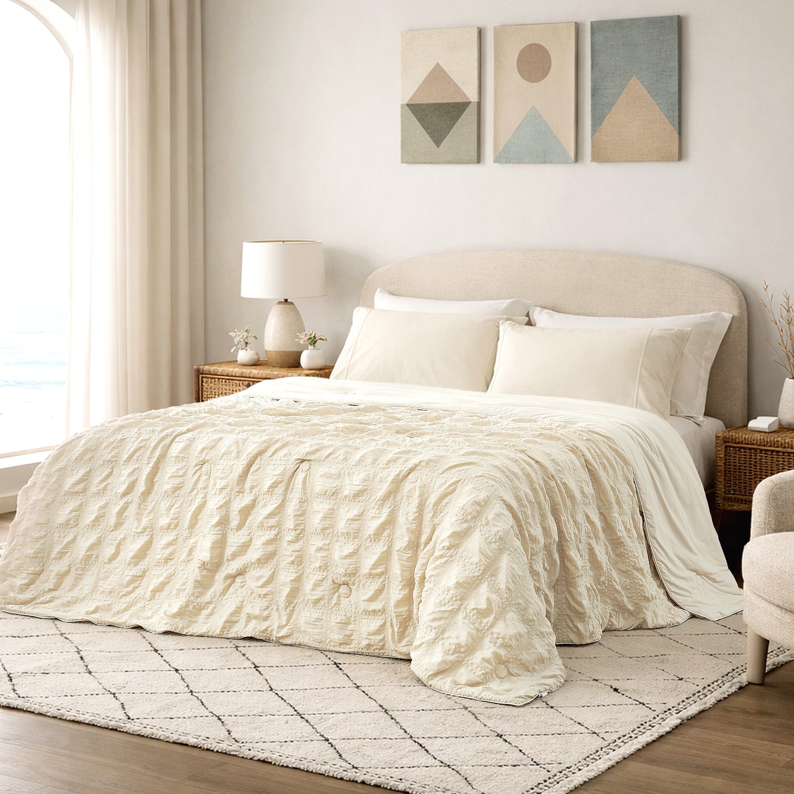 Cozy Bliss khaki seersucker cooling comforter in bright modern bedroom, breathable lightweight bedding with textured fabric.#color_Beige