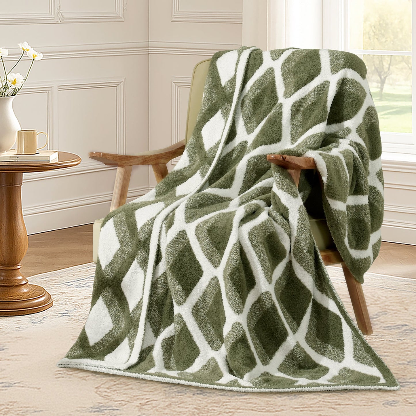 Diamond Feather Yarn Throw Blanket in Green draped over an armchair, showcasing soft feather yarn texture and diamond pattern design. #color_Green
