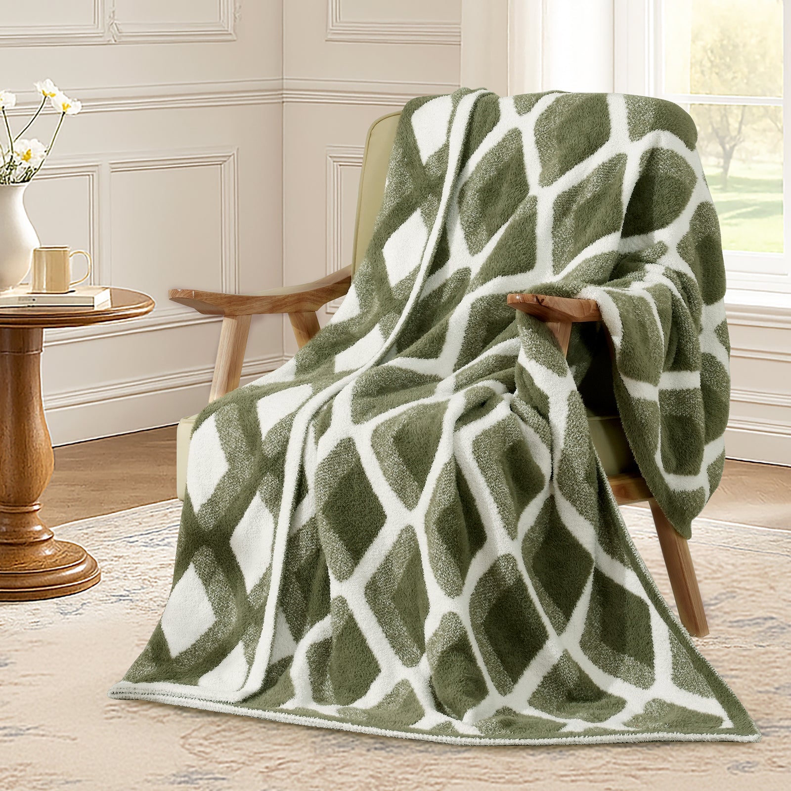 Diamond Feather Yarn Throw Blanket in Green draped over an armchair, showcasing soft feather yarn texture and diamond pattern design. #color_Green
