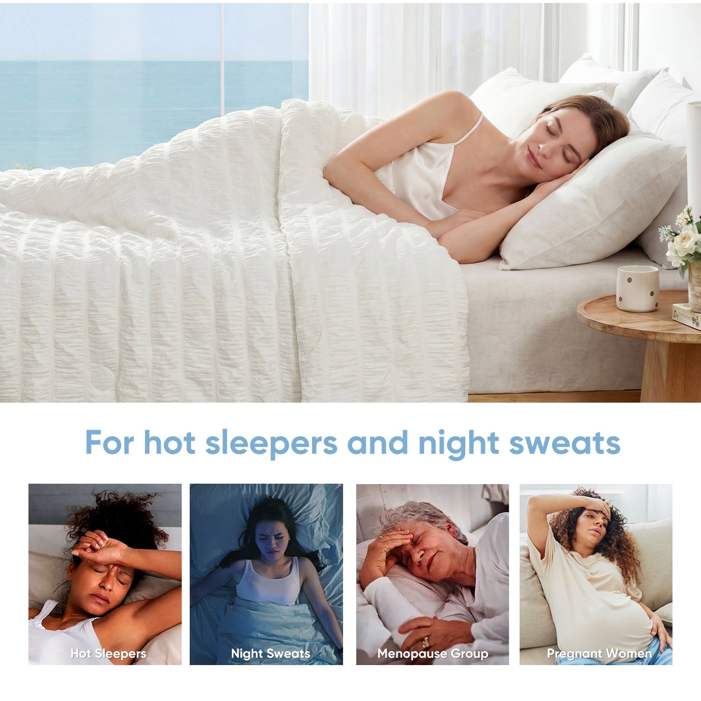Cozy Bliss white vertical striped seersucker cooling comforter is designed for hot sleepers. #color_Off White