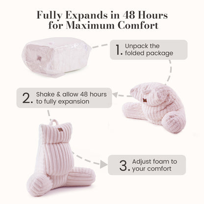 Cozy Bliss reading pillow expands fully within 48 hours for customized comfort and support #color_Light Pink