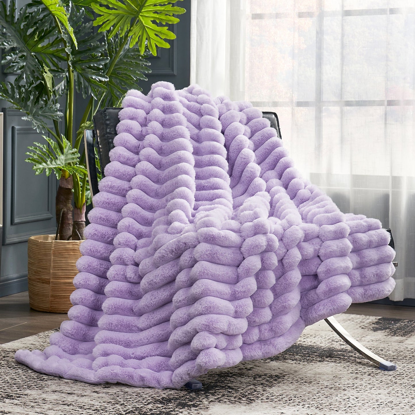 Ultra Chunky Striped Faux Fur Throw Blanket - Rainbow