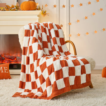 Checkered Faux Fur Feather Yarn Throw Blanket - Pink