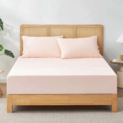 Pink cooling fitted sheet set on bed, cozy bedding #Color_Pink