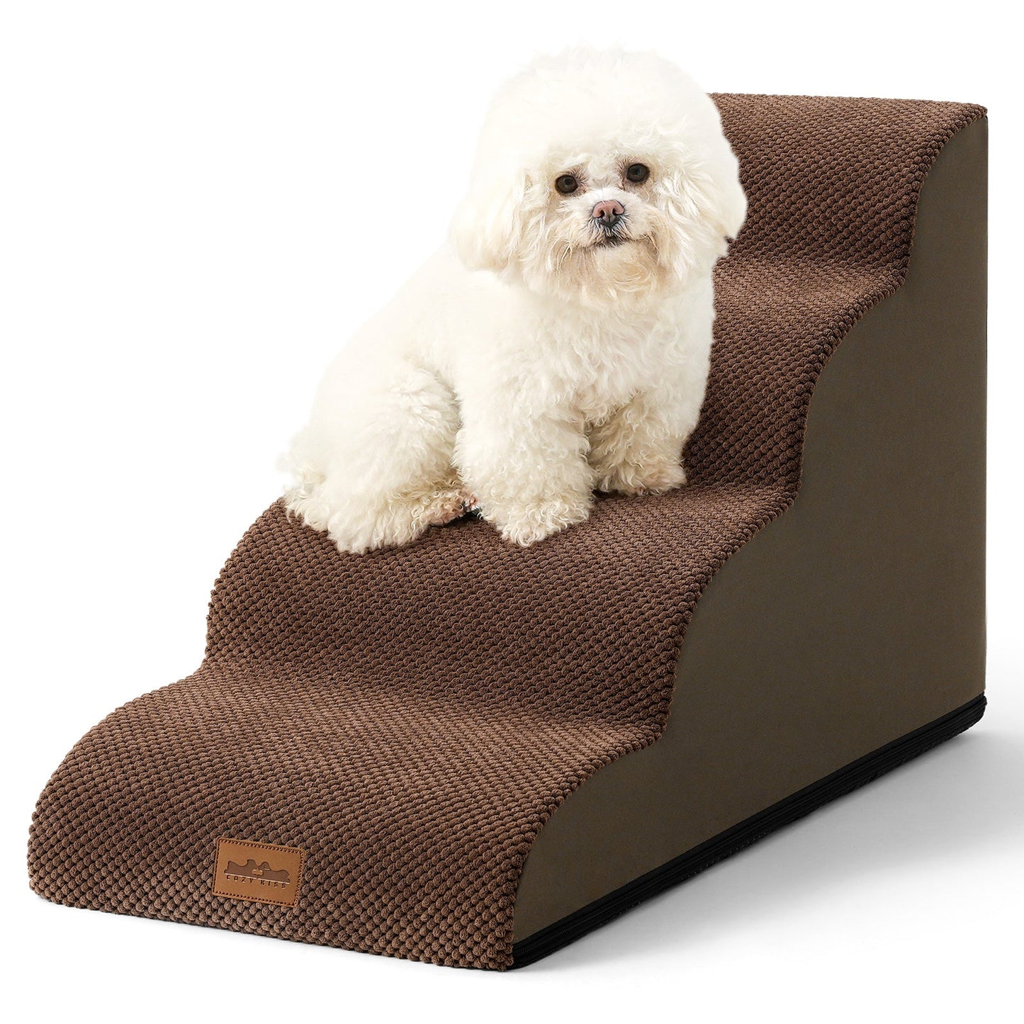 White dog sitting on a brown pet stair with a white background#color_Brown