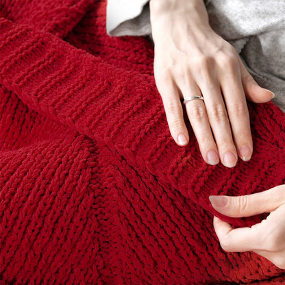 Close-up of Chevron Chenille Knit Throw Blanket in Red highlighting plush chenille texture and soft touch. #color_Red