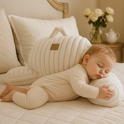 Child sleeping comfortably beside a Cozy Bliss striped faux fur backrest pillow #color_Ivory