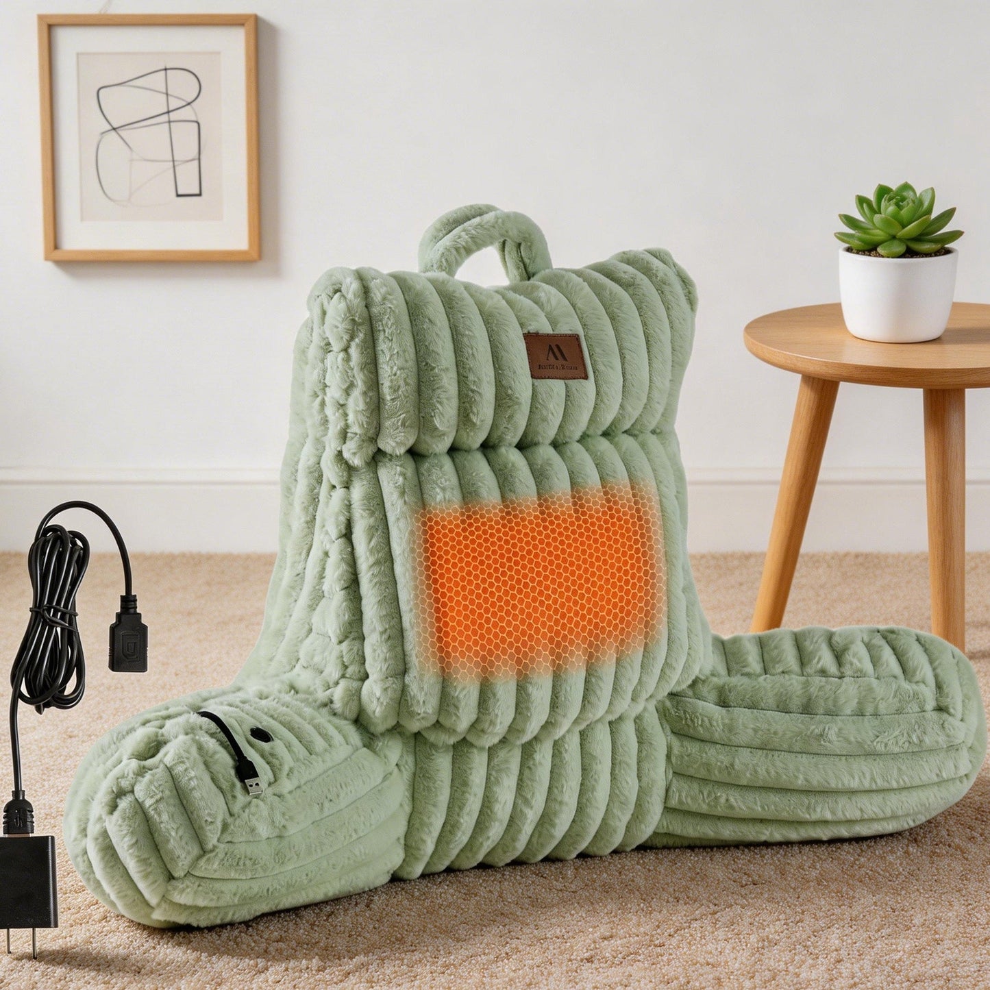 Cozy Bliss Heated Faux Fur Backrest Reading Pillow in sage green front view #color_Sage Green