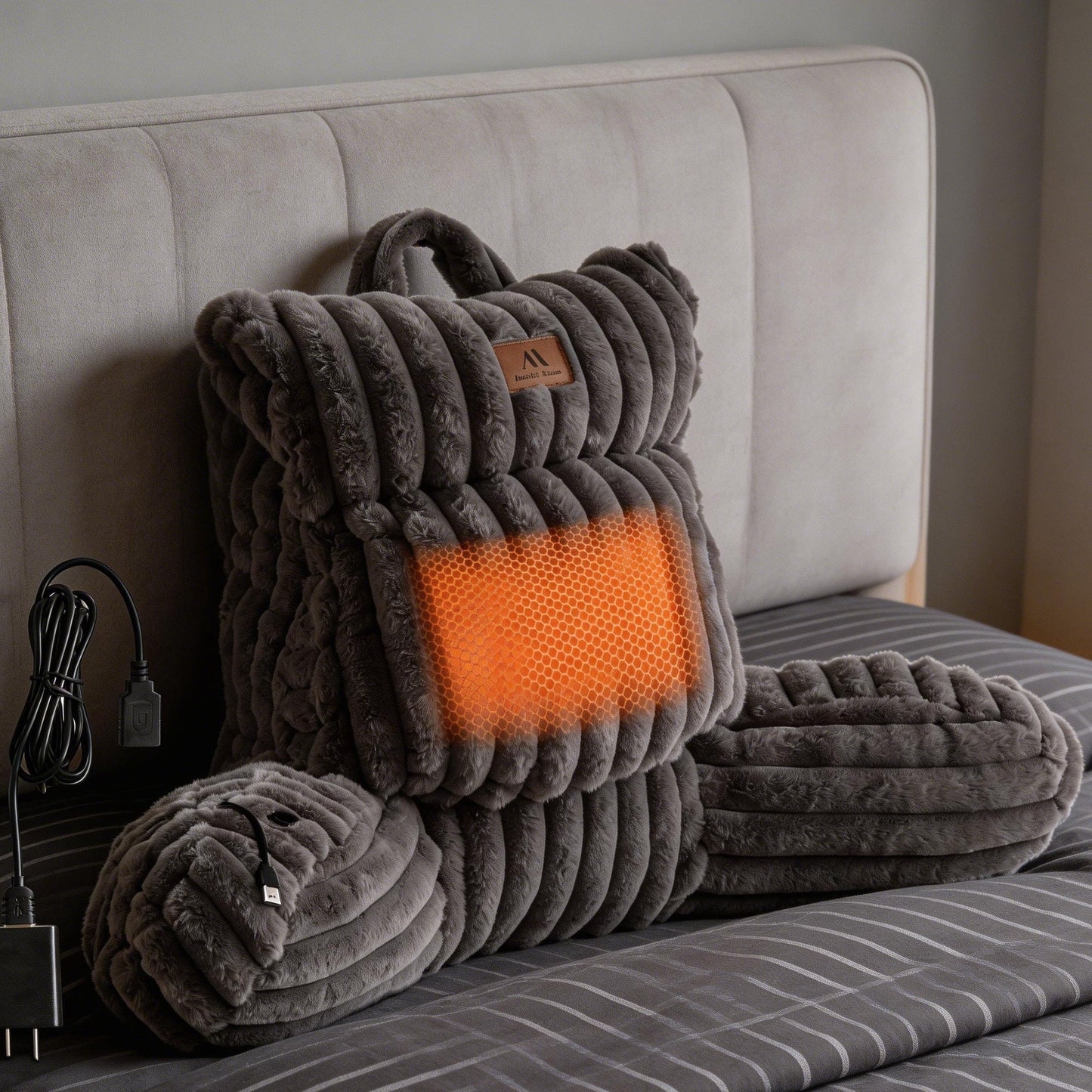 Cozy Bliss Heated Faux Fur Backrest Reading Pillow in dark grey front view #color_Dark Grey