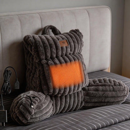 Cozy Bliss Heated Faux Fur Backrest Reading Pillow in dark grey front view #color_Dark Grey