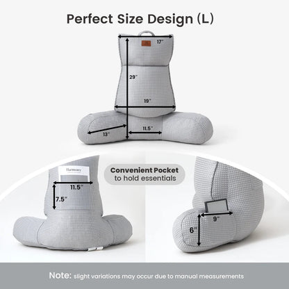 Large Size measurement of Cozy Bliss grey backrest reading pillow. #color_Grey