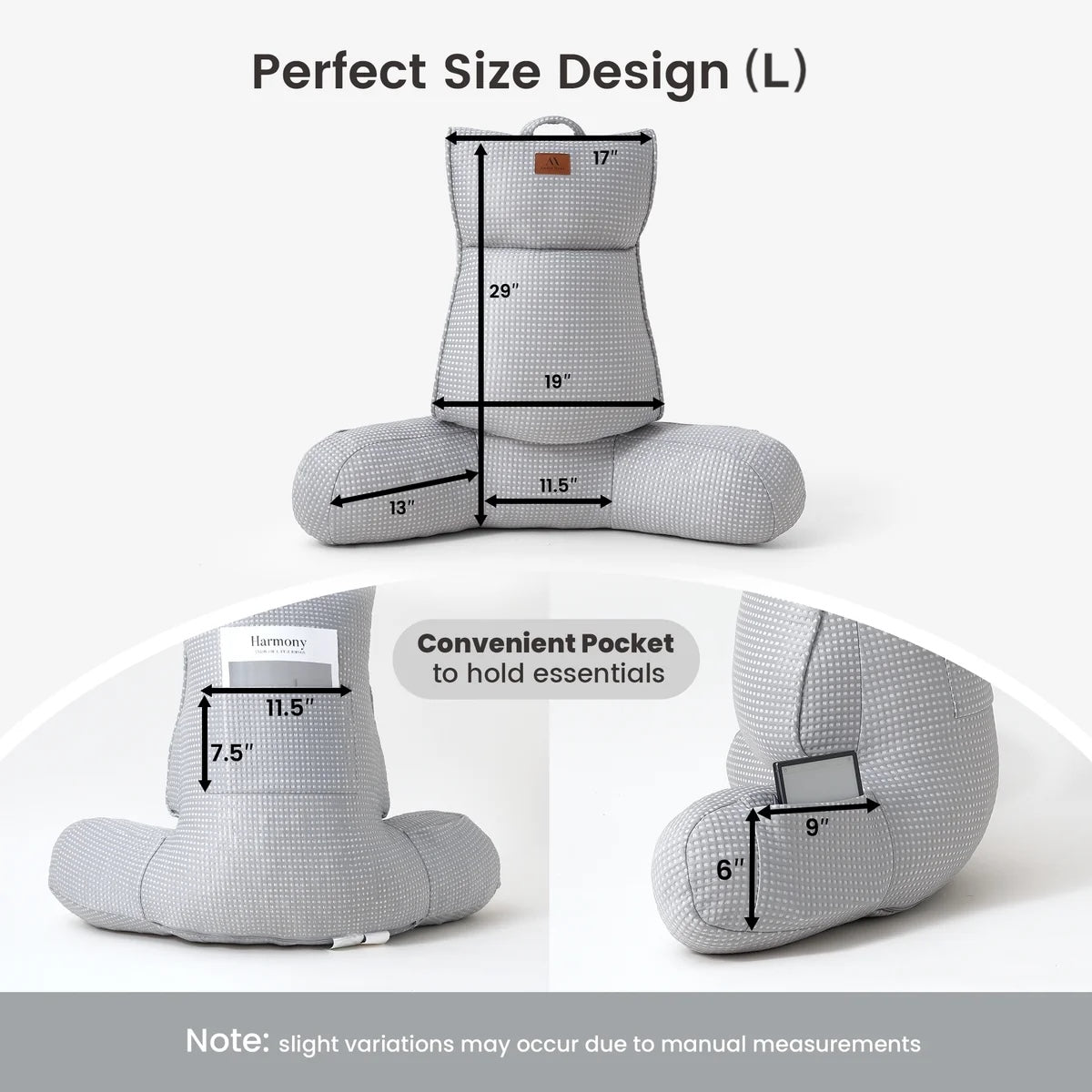 Large Size measurement of Cozy Bliss grey backrest reading pillow. #color_Grey