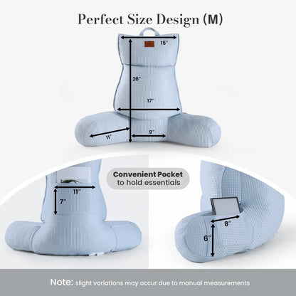Medium Size measurement of Cozy Bliss blue backrest reading pillow. #color_Cool Blue