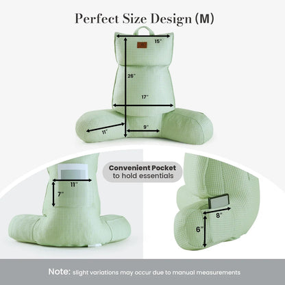 Medium Size measurement of Cozy Bliss sage green backrest reading pillow. #color_Sage Green
