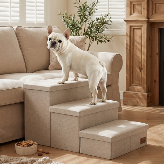 Cozy Bliss 3 Step Arthritis Prevention Storage Pet Stairs in Beige with a dog stepping on it by the sofa. #color_Beige