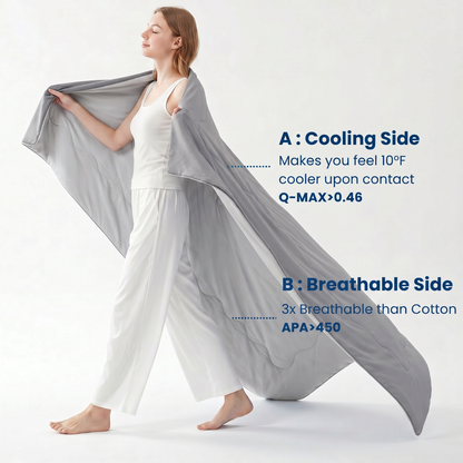 Woman holding a cooling comforter with text on a white background#color_Cool Grey
