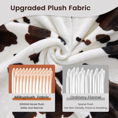 Close up of cow print milkyplush throw blanket in Black Brown, highlighting dense plush fabric for enhanced softness and warmth #color_Black Brown