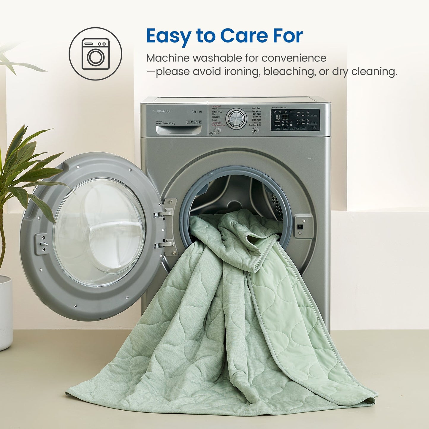Sage green Cozy Bliss dual-sided cooling comforter in washing machine, machine washable and easy tto care.  #color_Sage Green
