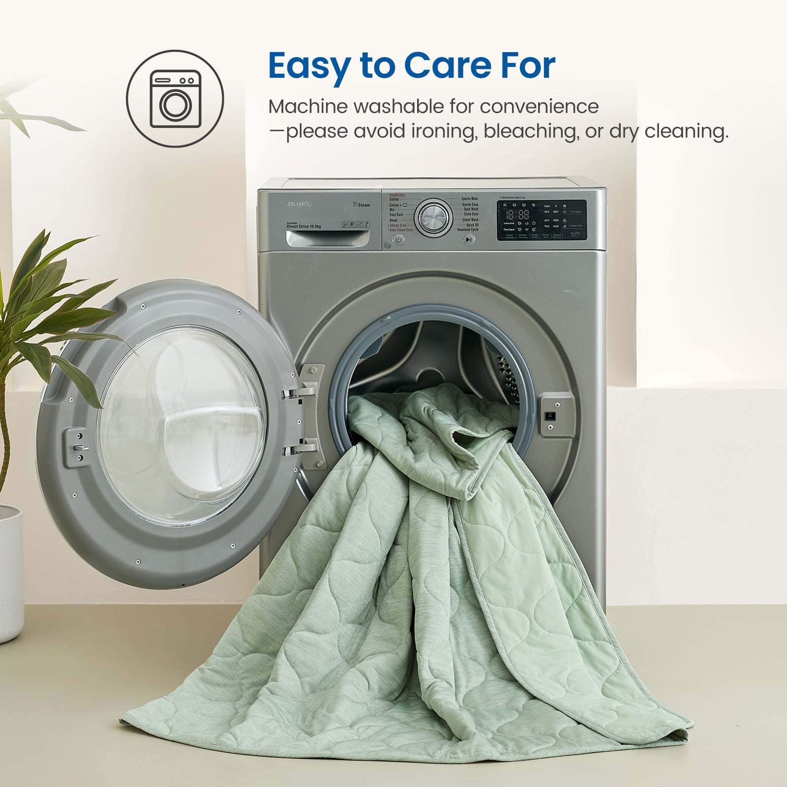 Sage green Cozy Bliss dual-sided cooling comforter in washing machine, machine washable and easy tto care.  #color_Sage Green