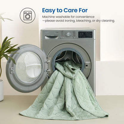 Sage green Cozy Bliss dual-sided cooling comforter in washing machine, machine washable and easy tto care.  #color_Sage Green