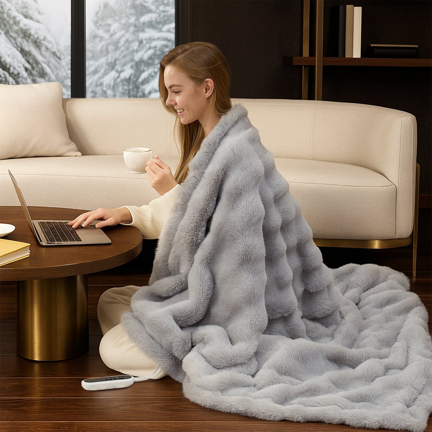 Woman sitting on the floor with a grey fuzzy heated electric blanket wrapped around her, using a laptop. #color_Light Grey
