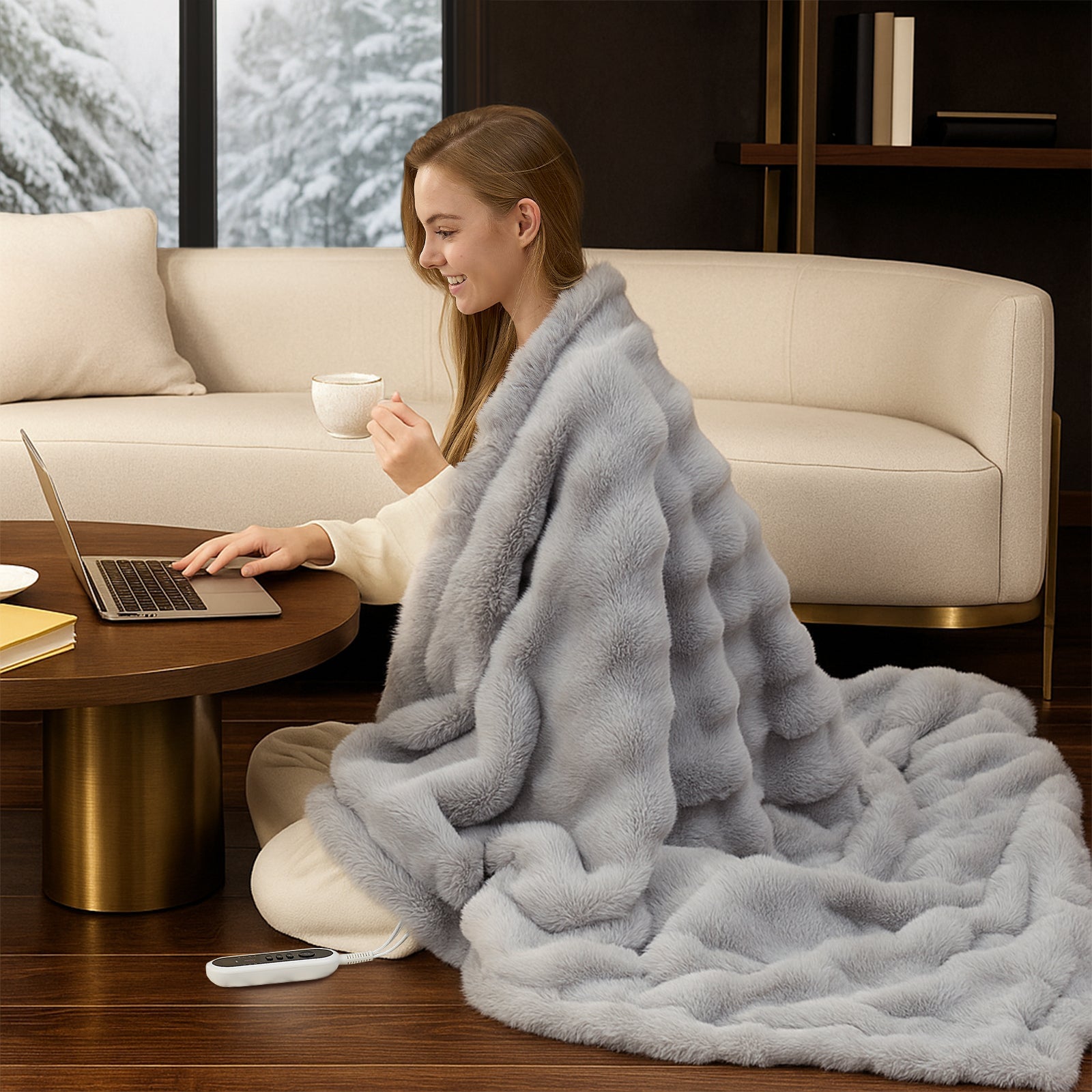 Woman sitting on the floor with a grey fuzzy heated electric blanket wrapped around her, using a laptop. #color_Light Grey