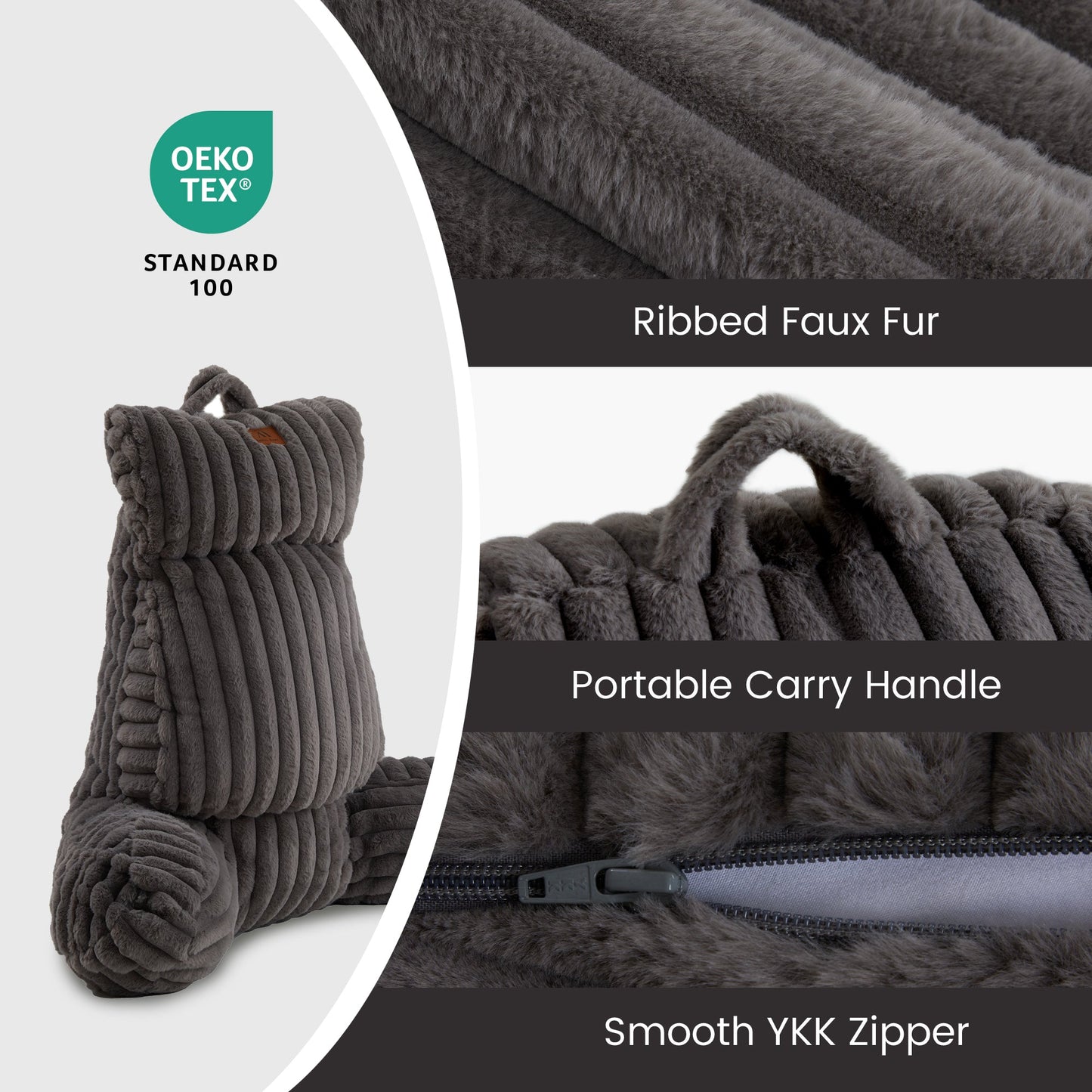 Cozy Bliss striped faux fur backrest reading pillow with portable carry handle and OEKO-TEX certified fabric #color_Charcoal Grey