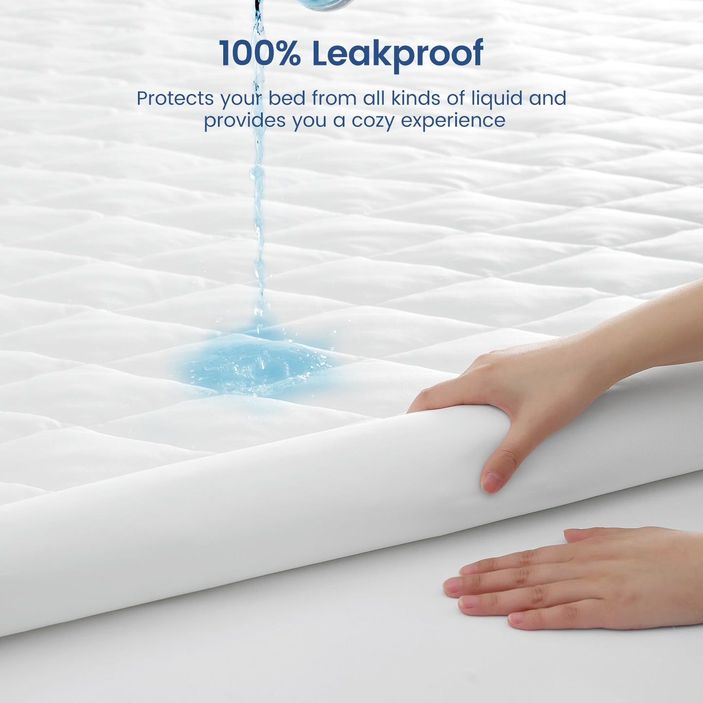 Mattress protector with water being poured onto it, showing its leakproof feature. #color_Off White