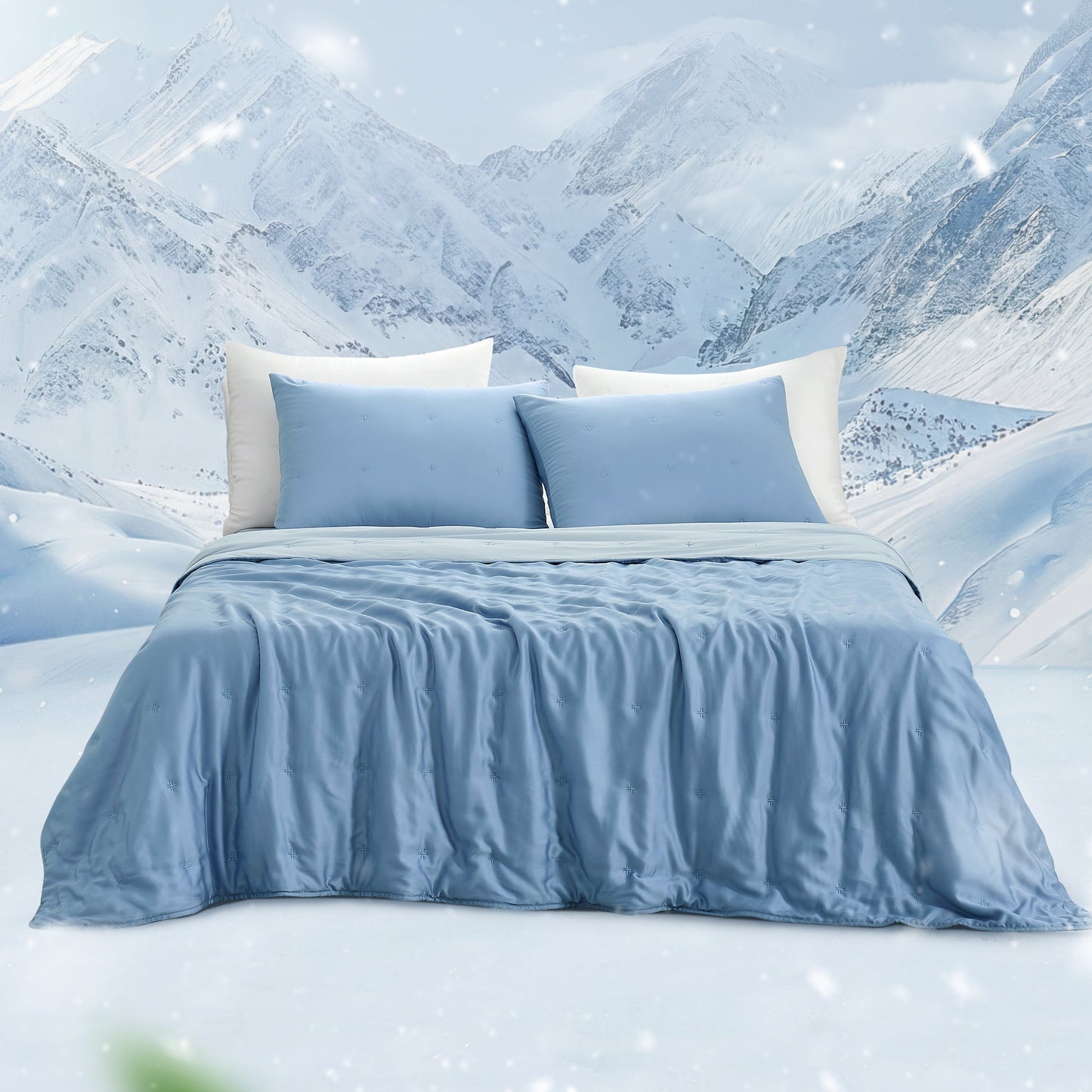 Blue Tencel™ Lyocell cooling comforter full bed view.#Color_Dark Blue