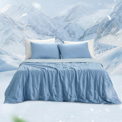 Blue Tencel™ Lyocell cooling comforter full bed view.#Color_Dark Blue