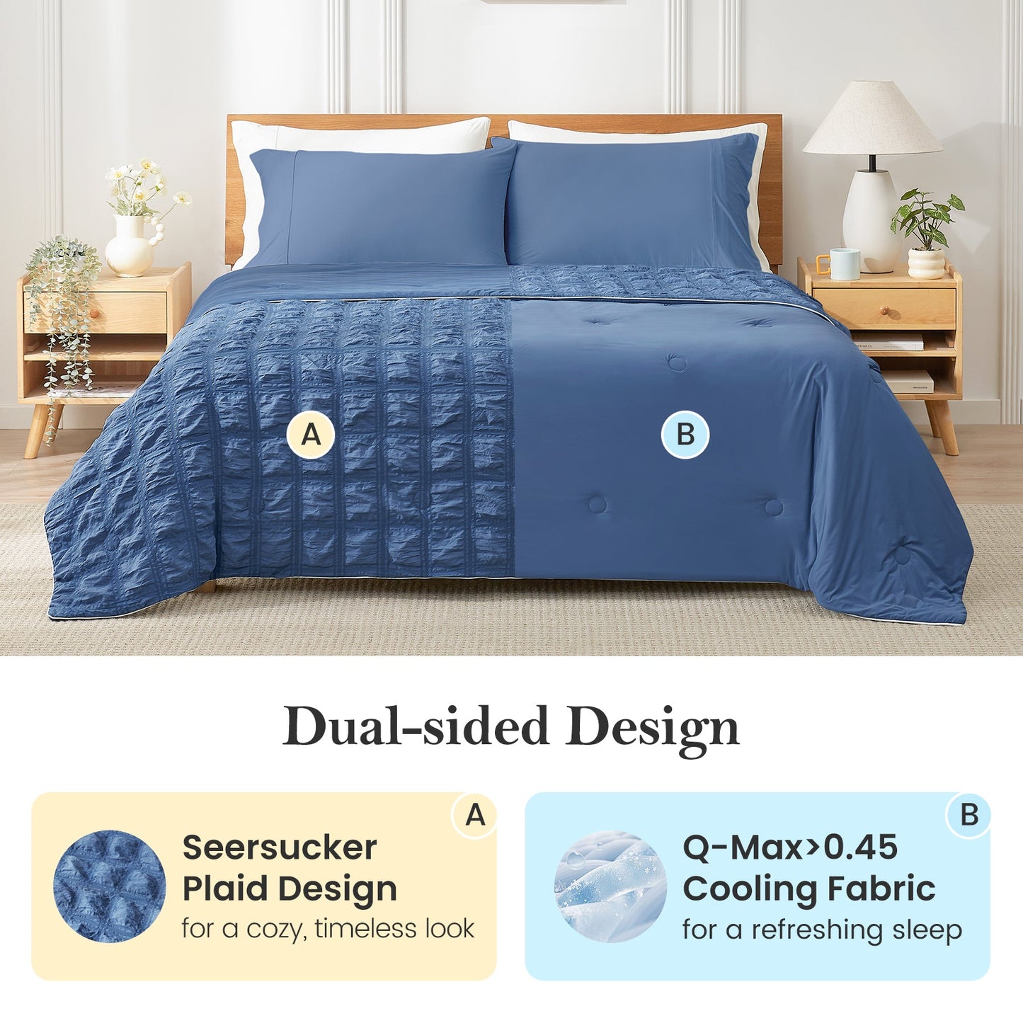 Blue quilt with seersucker plaid and Q-Max cooling fabric on a bed in a bedroom setting. #color_Dark Blue