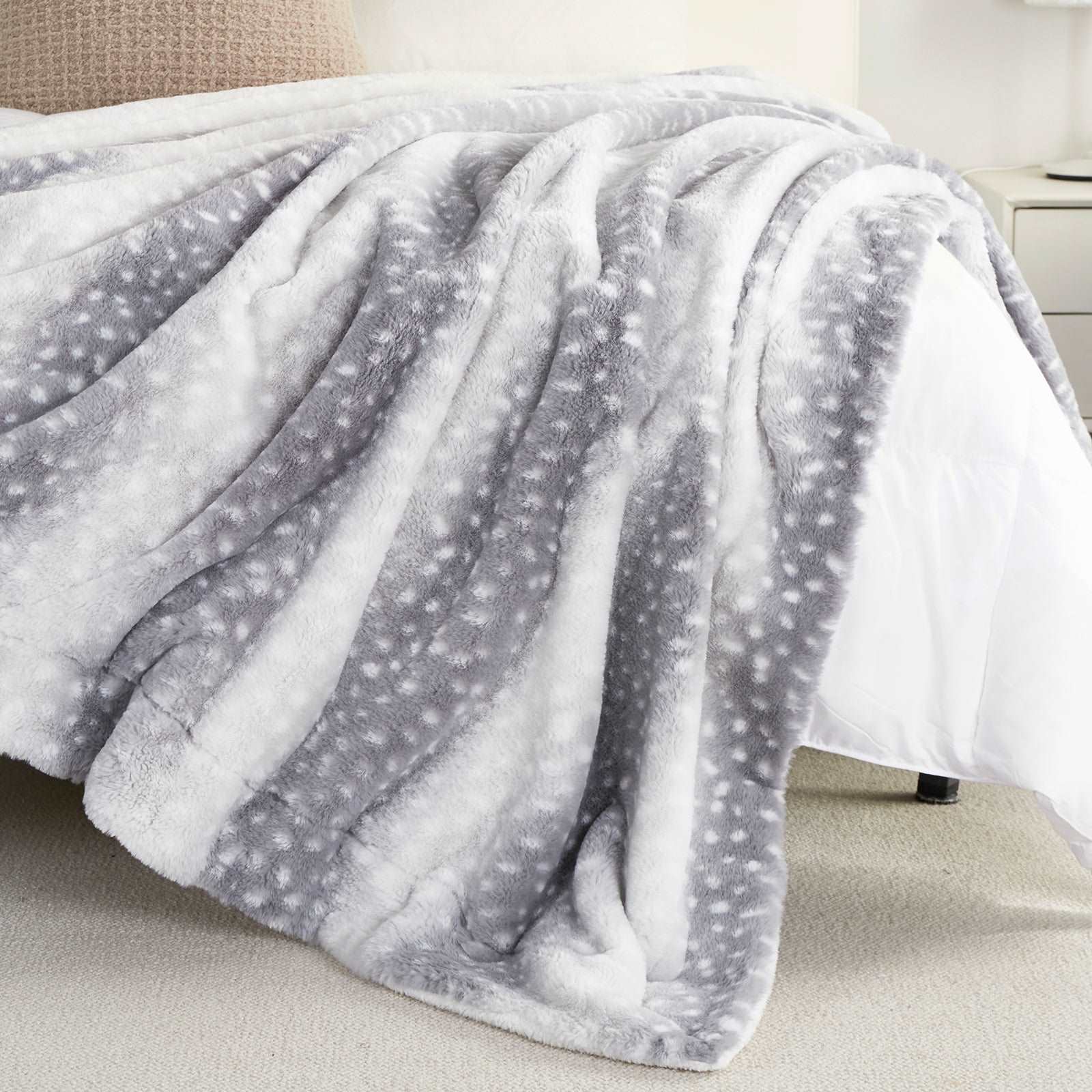 Deer print faux fur blanket on bed, cozy bedding  #color_Silver Sherpa Deer