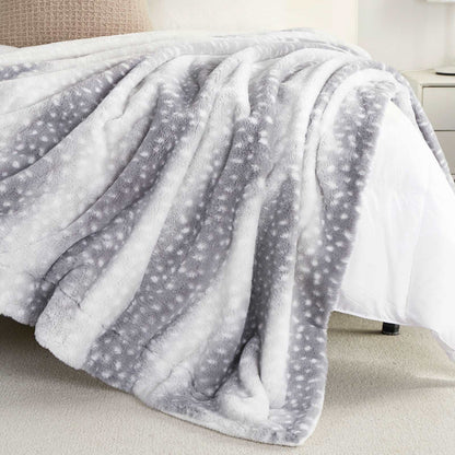 Deer print faux fur blanket on bed, cozy bedding  #color_Silver Sherpa Deer