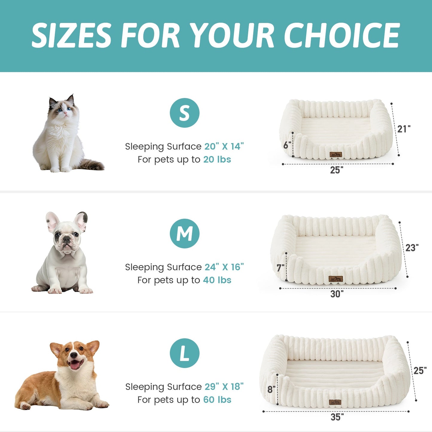 Dog and cat bed size chart with dimensions and weight capacity for different sizes.#Color_Cream White