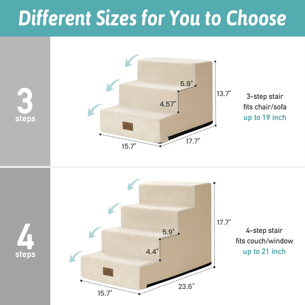 Different sizes of 3-step and 4-step Cozy Bliss foam pet stairs with detailed height measurements. #color_Beige