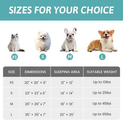 Dog bed size chart with images of dogs and dimensions