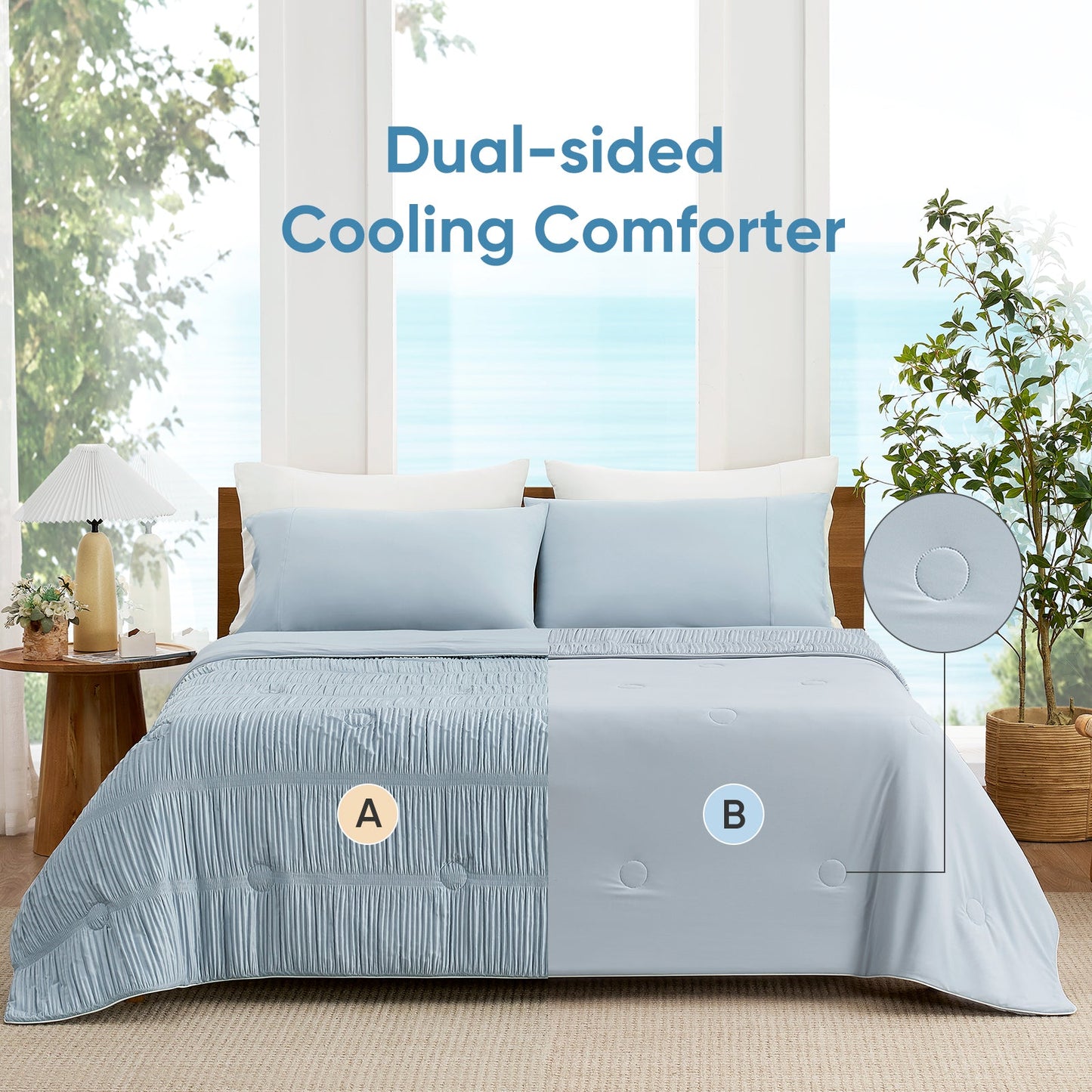 Full bed view of cooling comforter with reversible dual-sided design, showing cooling and breathable sides.#color_Cool Blue
