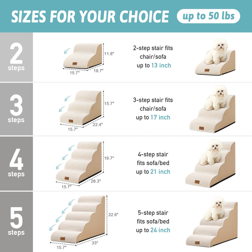 Dog stair set with measurements and a dog on top, displayed against a blue background.#Color_Beige