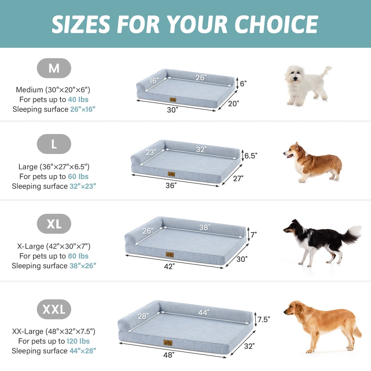 Dog bed size chart with measurements and dog illustrations for different sizes.#color_Cool Blue