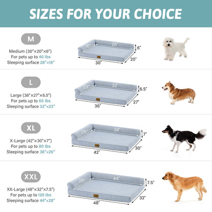 Dog bed size chart with measurements and dog illustrations for different sizes.#color_Cool Blue