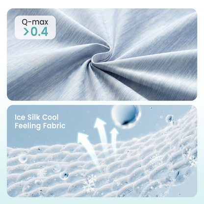 Textured fabric with 'Q-max > 0.4' and 'Ice Silk Cool Feeling Fabric' text, showing close-up of fabric texture. #color_Cool Blue