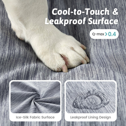 Dog paw on a textured surface with text about cool-to-touch and leakproof design.#color_Grey