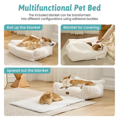 Multifunctional pet bed with a blanket that can be rolled up, used as a cover, or spread out.#color_Cream White