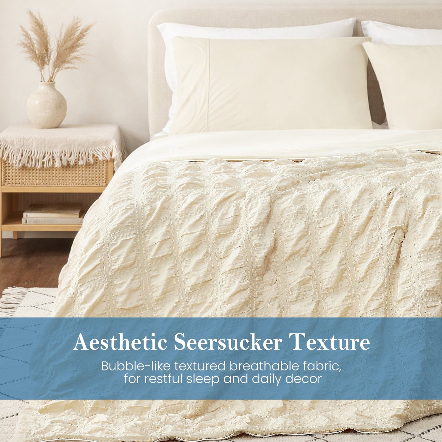 Close-up of beige seersucker comforter, textured breathable fabric with soft cooling touch.#color_Beige