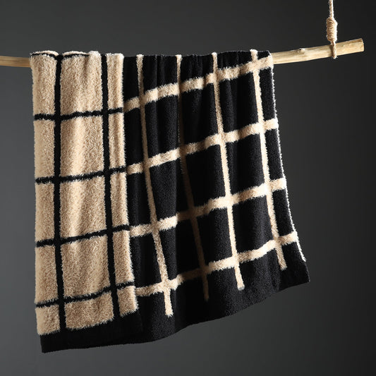 Faux Mink Textured Plaid Knit Throw Blanket in Black front view hanging display, showcasing plush faux mink texture and plaid pattern design. #color_Black